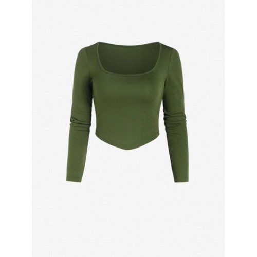 U Neck Curved Hem Crop T Shirt