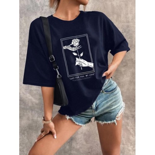 Skeleton Hand Rose Print Drop Shoulder T Shirt