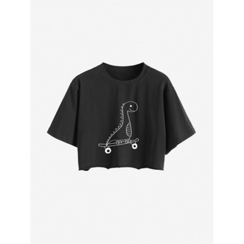 Raw Hem Dinosaur Skateboard Print Crop T Shirt