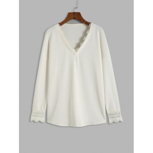 Lace Panel Solid V Neck Top