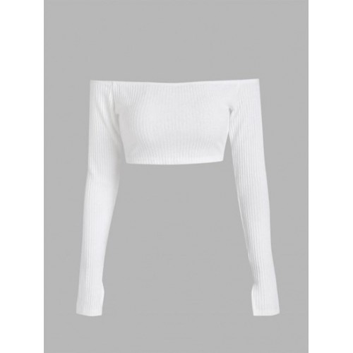 Off Shoulder Ribbed Knit Cropped Tee