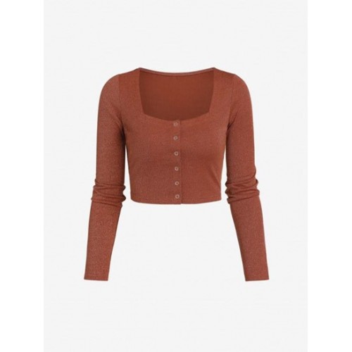 Snap Button Cropped Metallic Ribbed Tee