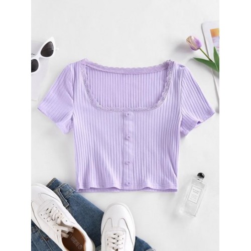 Ribbed Lace Insert Mock Button T Shirt