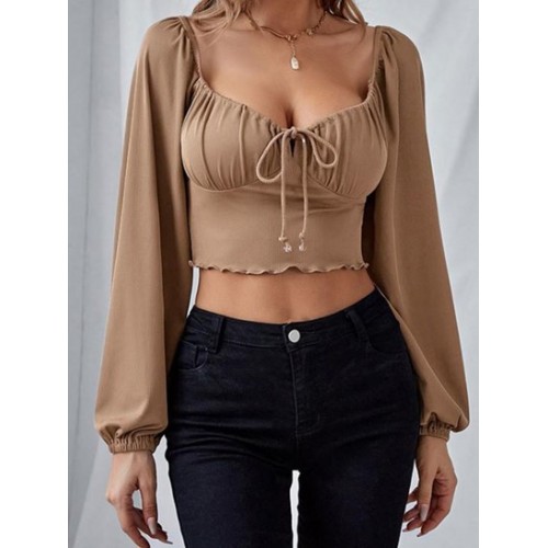 Ribbed Lantern Sleeve Crop T Shirt