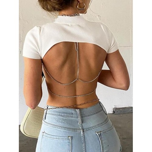 Rhinestones Chains Open Back Ribbed Tee