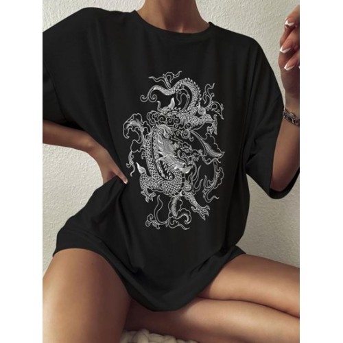 Drop Shoulder Oriental Dragon Print T Shirt