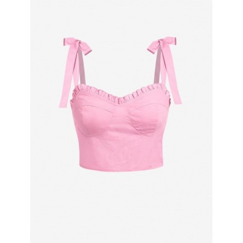 Ruffle Tie Shoulder Cupped Crop Tank Top