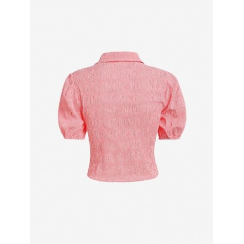 Button Up Puff Sleeve Gingham Cropped Shirt