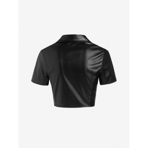 Snap Button Faux Leather Cropped Shirt