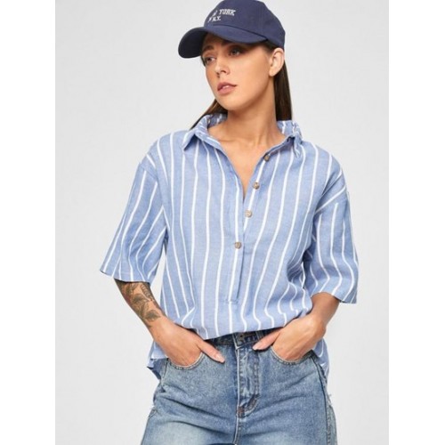 Pinstriped Drop Shoulder Button Placket Blouse