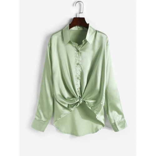 Neutral Solid Silky Satin Button Down Shirt
