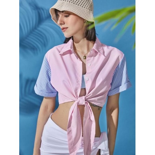 Contrast Striped Button Down Knotted Shirt