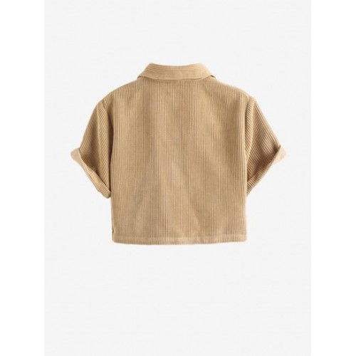 Button Front Corduroy Collared Cropped Top