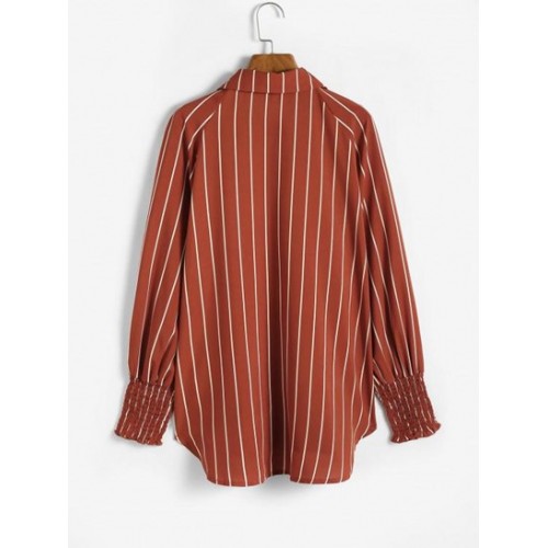Stripes Shirred Sleeve Tie Button Down Shirt Stripes Shirred Sleeve Tie Button Down Shirt
