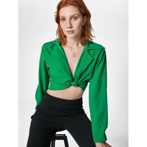 Knotted Lapel Crop Shirt Knotted Lapel Crop Shirt