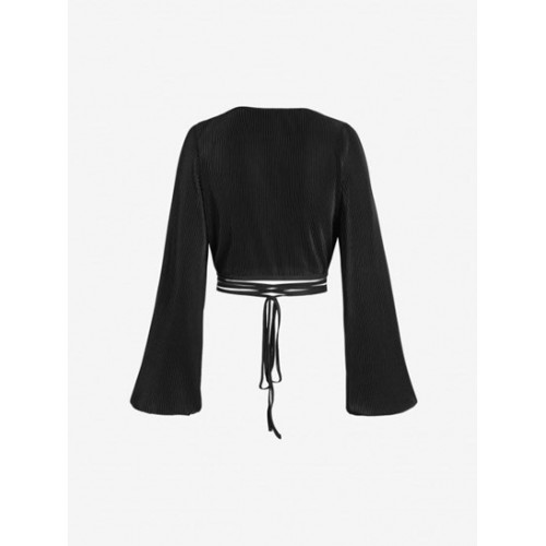 Long Sleeve Plisse Cropped Wrap Blouse Long Sleeve Plisse Cropped Wrap Blouse
