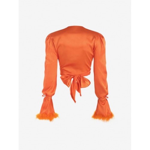 Satin Puff Sleeve Feather Trim Wrap Blouse