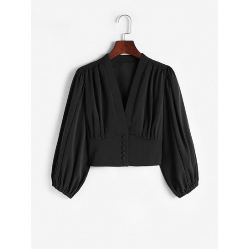 Lantern Sleeve Button Up Crop Corset Blouse