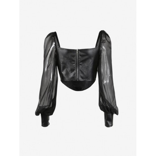 See Thru Puff Sleeve PU Corset Top See Thru Puff Sleeve PU Corset Top