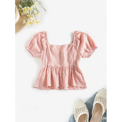 Gingham Puff Sleeve Peplum Blouse