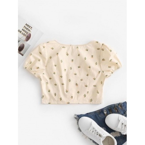 Puff Sleeve Ditsy Print Cropped Blouse
