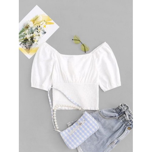 Knotted Puff Sleeve Plunge Shirred Blouse