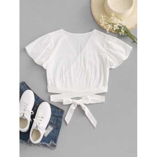 Surplice Plunging Wrap Waist Blouse