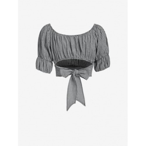 Gingham Puff Sleeve Crossover Blouse