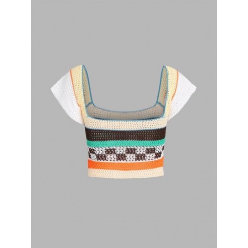 Openwork Crochet Checkered Striped Cap Sleeve Crop Top