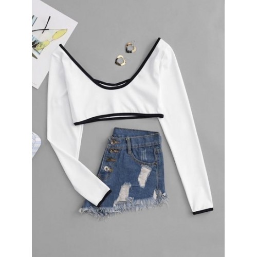 Contrast Piping Corset Style Crop Tee