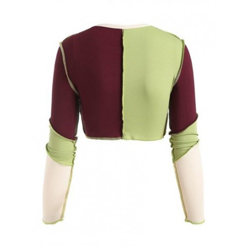 Cropped Ribbed Topstitching Patchwork Long Sleeve Top