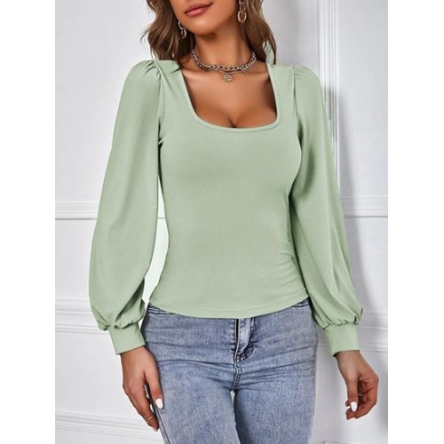 Lantern Sleeve U Neck T Shirt