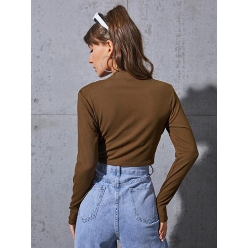 Ribbed Half Zip Crop T Shirt