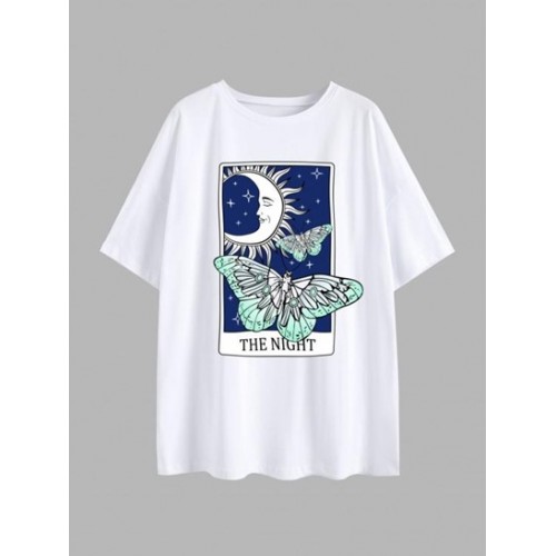 Moon Star Butterfly Print Drop Shoulder T Shirt
