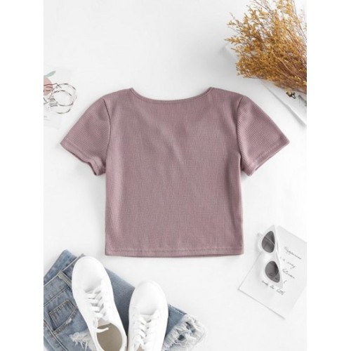 Knitted V Notch Crop T Shirt