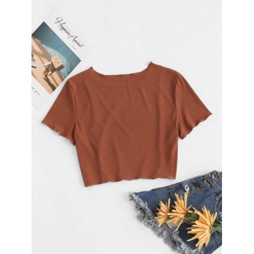 Ribbed Topstitching Crop T Shirt