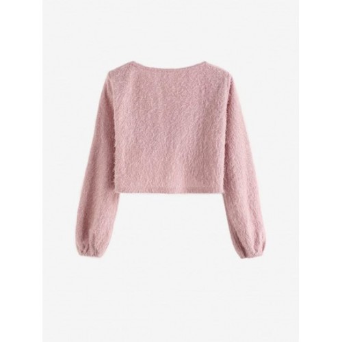 Cropped Twisted Front Fuzzy Textured Top