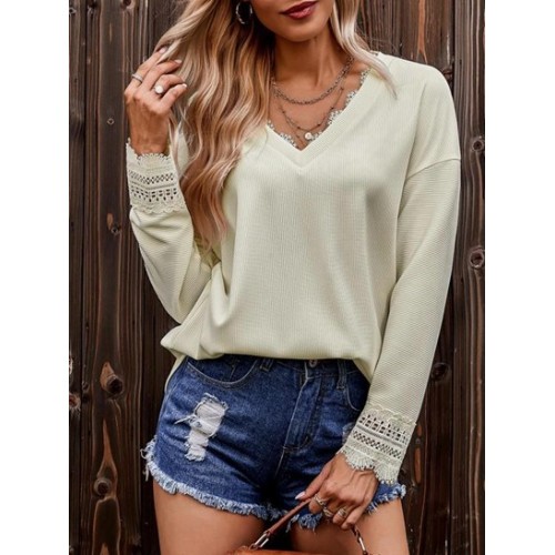 Lace Panel Solid V Neck Top