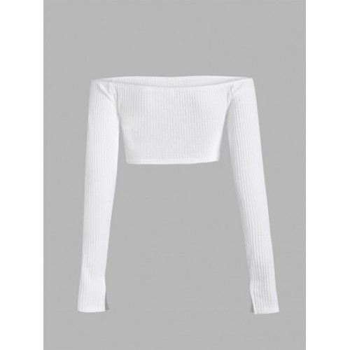 Off Shoulder Ribbed Knit Cropped Tee