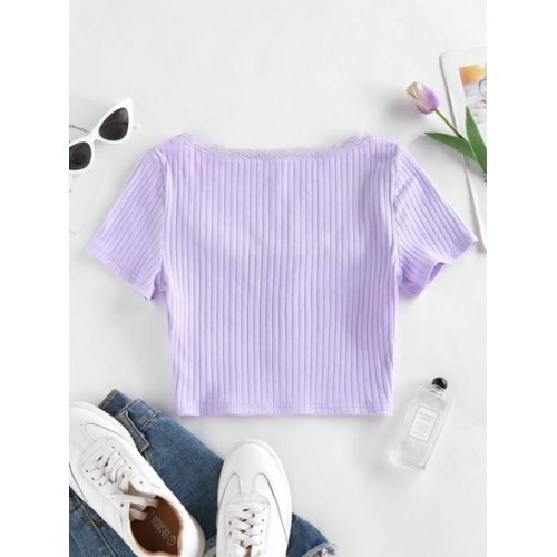 Ribbed Lace Insert Mock Button T Shirt Ribbed Lace Insert Mock Button T Shirt