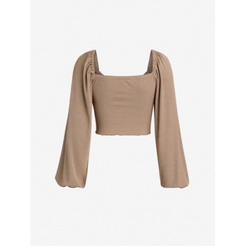 Ribbed Lantern Sleeve Crop T Shirt