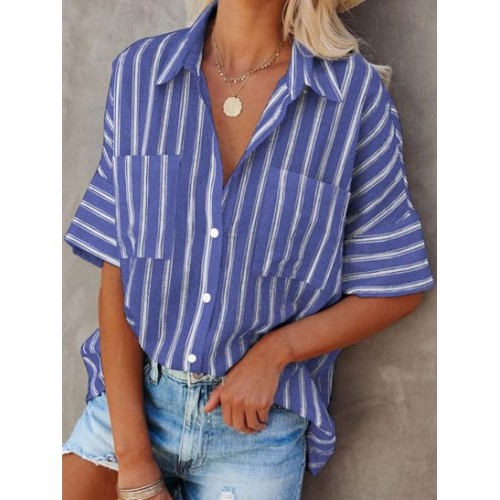 Vertical Stripes Front Pockets Button Down Shirt