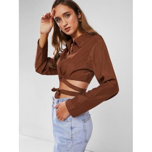 Button Up Midriff Flossing Crop Shirt