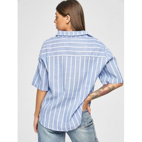 Pinstriped Drop Shoulder Button Placket Blouse