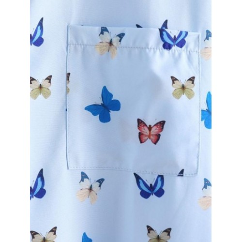 Drop Shoulder Butterfly Print Pocket Shirt