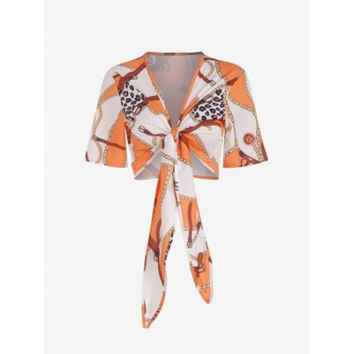 Chain Leopard Print Tie Front Crop Blouse
