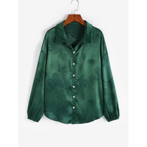 Leaves Jacquard Silky Satin Button Down Shirt