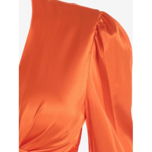 Satin Puff Sleeve Feather Trim Wrap Blouse