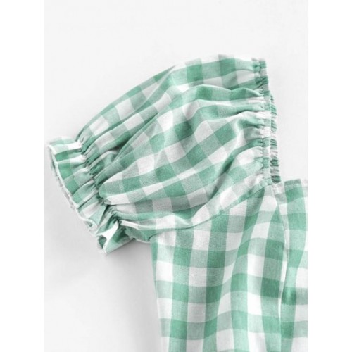 Gingham Puff Sleeve Backless Lace Up Blouse
