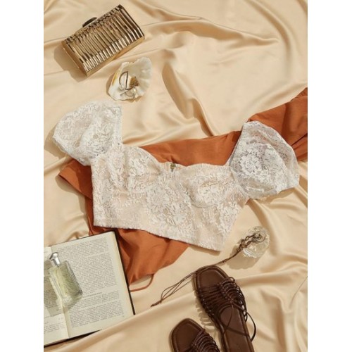 Lace Insert Puff Sleeve Crop Corset Top